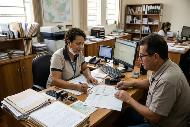 Despachante ajudando cliente com a transferência de veículo.