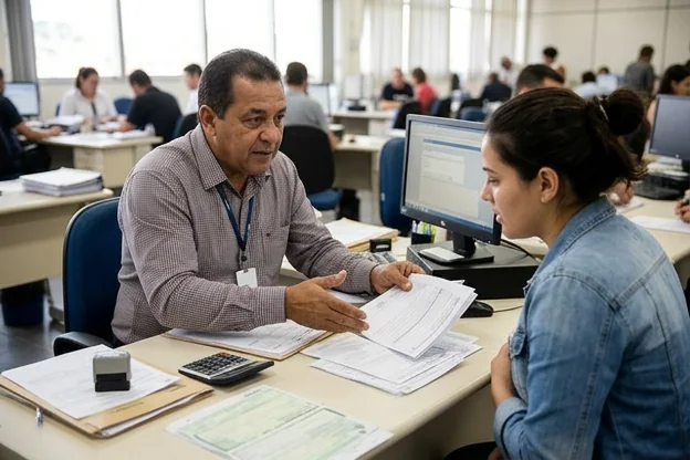 Despachante orientando cliente sobre o processo de licenciamento de veículo.