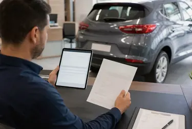 Despachante processando licenciamento de veículo com documentos no escritório.