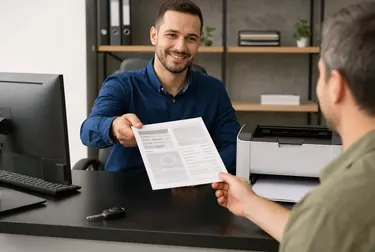 Despachante usando impressora para imprimir CRLV-e em ambiente de trabalho.